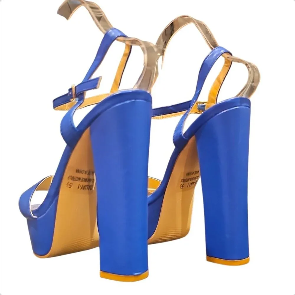 Blue Platform High Heel Ankle Strap Sandals